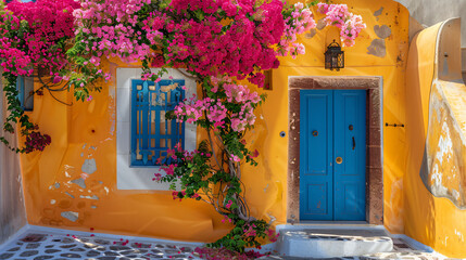 Bright colored flowers spill over the walls of Oia  - obrazy, fototapety, plakaty
