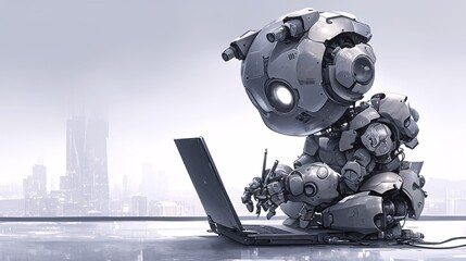 cartoon robot character working on laptop 