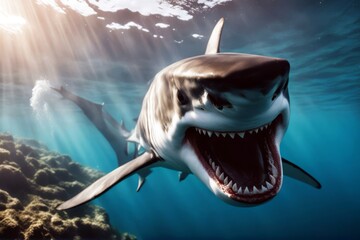 'shark great white teeth ocean underwater animal water sea aqualung diver scuba marin salt...
