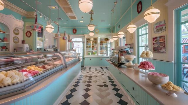 Delightful vintage ice cream parlor with a black and white checkered floor, pastel walls, and glass display cases filled with colorful ice cream flavors. 