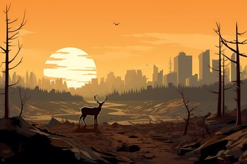 cartoon illustration, a deer in a destroyed city with a sunset