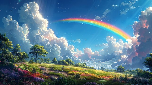 Ethereal Arcadia: Anime Sky adorned with Rainbow