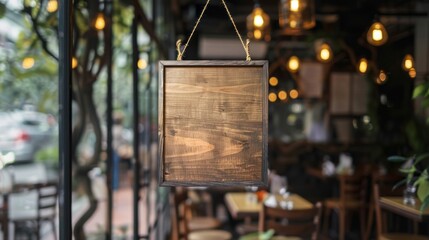 A wooden sign hangs in a restaurant window