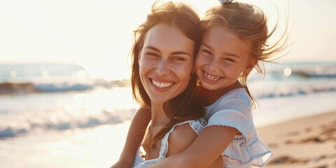 A happy Caucasian mother and her active daughter enjoying the beach. Woman smiles as she piggybacks carefree girl outside. Single mom spending time with child