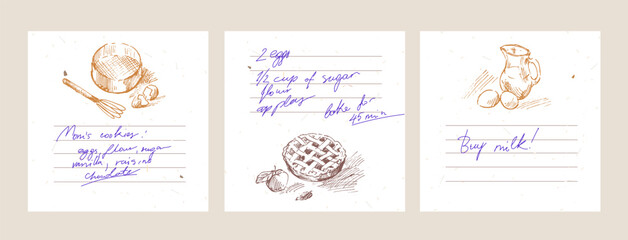 Sticker pages for making notes about meal preparation and cooking ingredients. Recipe sheets decorated with food drawings - 792564448
