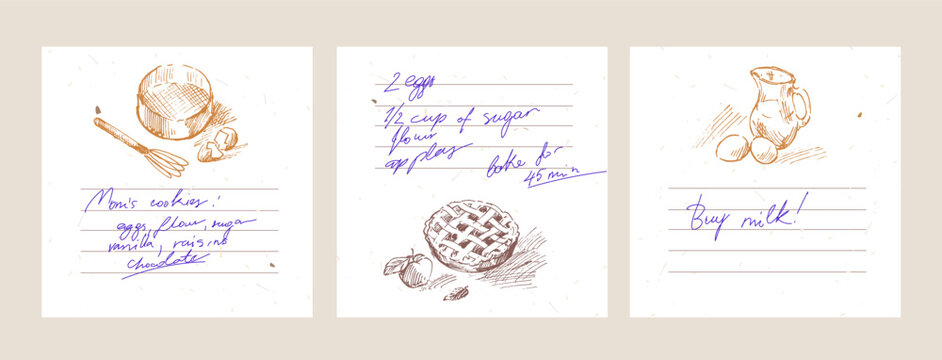 Sticker pages for making notes about meal preparation and cooking ingredients. Recipe sheets decorated with food drawings