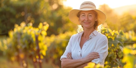 A cheerful, confident mixed-race farmer with her arms crossed on her vineyard with copyspace....