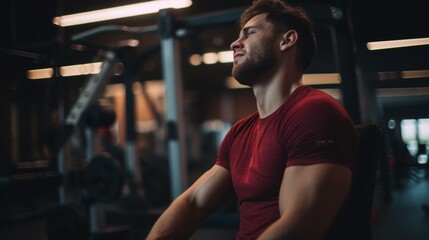 A Caucasian gym-goer holds his aching shoulder. Man with excruciating arm injuries from shattered joint and workout muscle inflammation. Stiff bodily cramps producing pain and strain - obrazy, fototapety, plakaty
