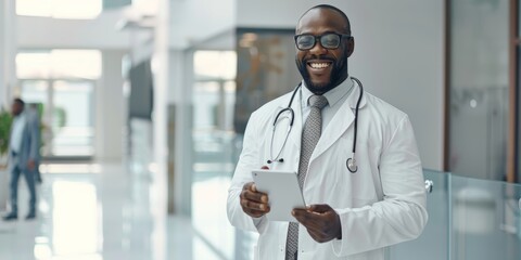 A smiling mature African American guy doctor using a tablet in a hospital with coworkers. Medical professional doing research on a digital tablet at work at a clinic
