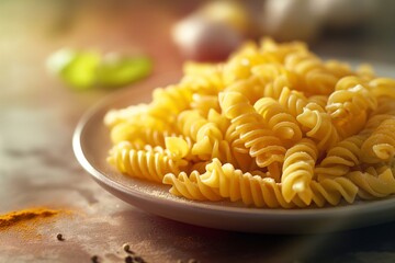 Close-up of a plate of mouthwatering fusilli pasta, prepared for cooking or serving, against a cozy backdrop