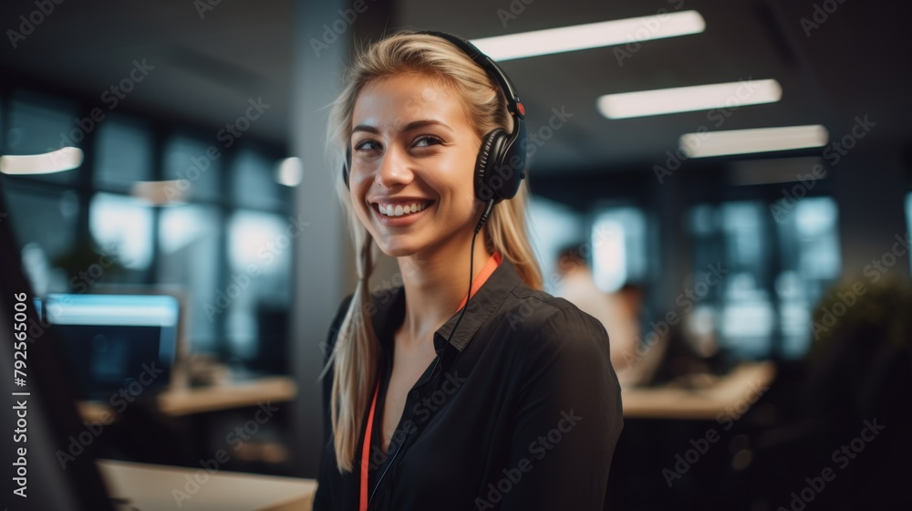Poster a youthful smiling mixed-race call center agent talks to consumers with a bluetooth headset. office-