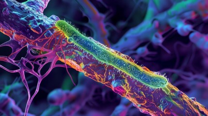A vividly colored image of a nematode clinging onto a root of a plant its sharp teeth visible as it feeds on the plants tissues and
