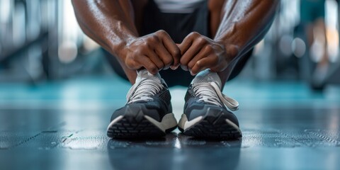 An unknown black athlete sits alone in gym stretching legs. Black man in shape preparing to workout in center. Exercise warmup before health and weight training - obrazy, fototapety, plakaty