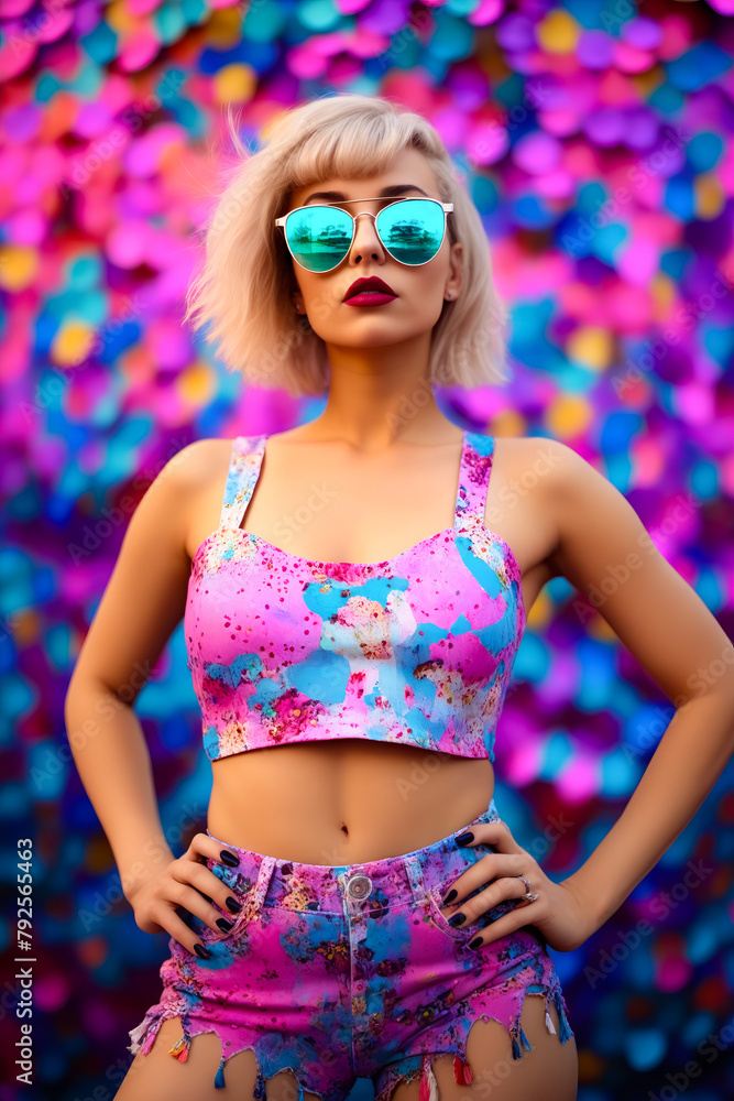 Wall mural woman with blonde hair wearing pink top and blue sunglasses.