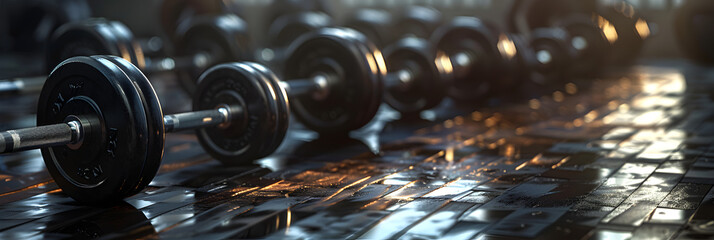 Sports equipment in the gym Dumbbells on the floor Closeup image of a fitness equipment in gym Gym weights in light
 - obrazy, fototapety, plakaty