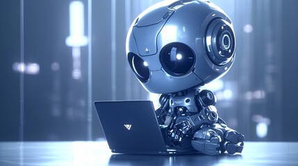 robot assistant works on laptop