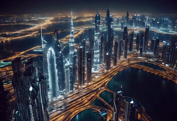 'Aerial Nighttime United view Emirates Arab skyline bay night futuristic Business city Dubai big panoramic Dubai Skyline Panoramic Night City Panorama Burj Khalifa Uae Landscape Business View' - obrazy, fototapety, plakaty
