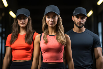Three people wearing hats and sports bras, one woman in red top.