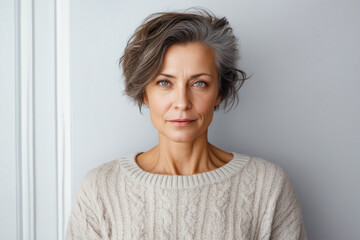 Woman with grey hair and sweater on is looking at the camera. - Powered by Adobe