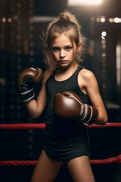 Young girl wearing boxing gloves posing for picture.