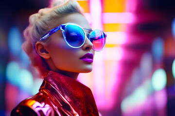 Woman wearing sunglasses and red jacket in neon room. - obrazy, fototapety, plakaty