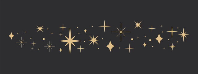 Golden celestial star border, sparkle divider, festive shiny space elements, festive lights on dark background. Holiday decoration - obrazy, fototapety, plakaty