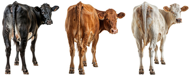 View from behind of three cows in different colours (black, brown and white) looking slightly back, isolated on a transparent background, animal collection