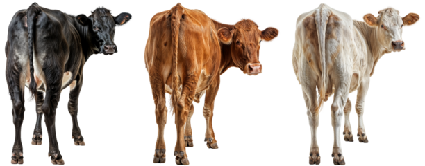 View from behind of three cows in different colours (black, brown and white) looking slightly back, isolated on a transparent background, animal collection