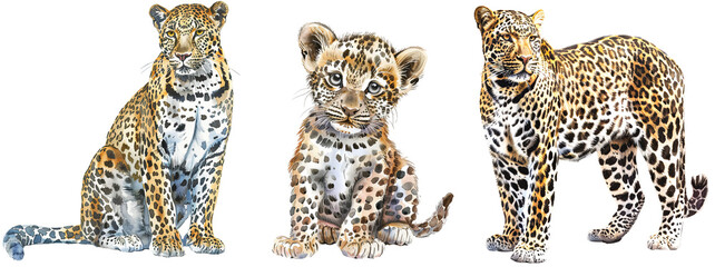 Watercolor style clipart illustration collection of leopards, standing, cub and sitting, isolated on a transparent background