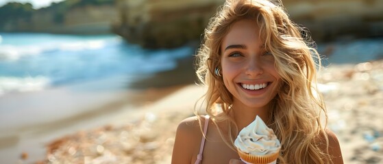 Joyful woman with curly hair strolls along beach enjoying ice cream. Concept Beach photoshoot, Ice cream portraits, Curly hair, Joyful expressions, Outdoor lifestyle - obrazy, fototapety, plakaty