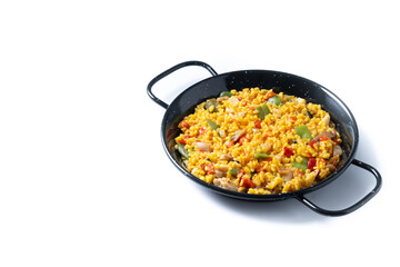 Yellow rice with chicken and vegetables isolated on white background. Copy space - 792567256