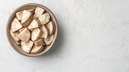Taro chunks in a bowl on a white table, aerial view, space on the right