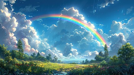 Anime-style illustration of a beautiful rainbow in the blue sky - obrazy, fototapety, plakaty