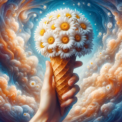 human hand holding ice cream cone with daisies - 792567698