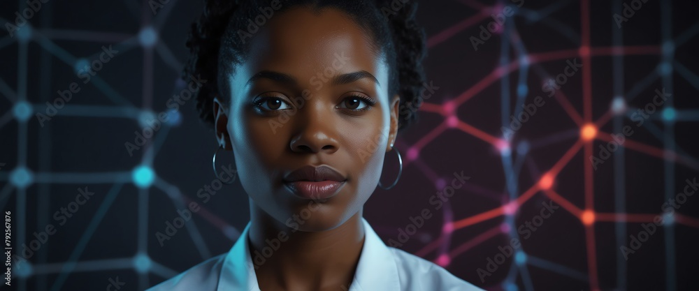 Wall mural female black african scientist in tech glowing neon abstract blockchain neural network connections chart graph background from Generative AI - Wall murals