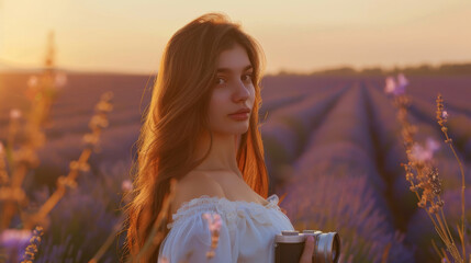 Woman with long brown hair in white dress in lavender field. Young lady uses old camera to capture sunset over lavender.
