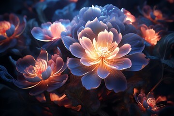 /imagine: prompt: blue and orange glowing flowers with a dark background