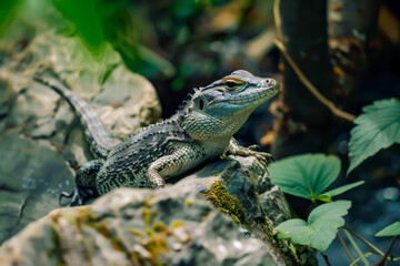 Obraz premium A lizard is laying on a rock in a forest. The lizard is small and has a green and brown color