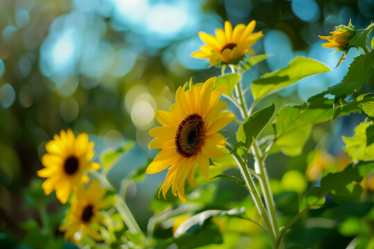 A bunch of yellow flowers with a sunflower in the middle. The sunflower is the largest and the other flowers are smaller. The flowers are surrounded by green leaves