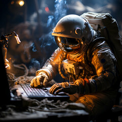 Fototapeta na wymiar Astronaut working on a computer at night. Science fiction.