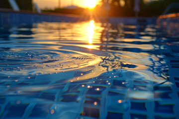 A pool with a sun setting in the background. The water is calm and still - obrazy, fototapety, plakaty