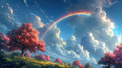 Spectrum Skyline: Anime-inspired Rainbow Illustration - obrazy, fototapety, plakaty