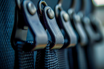 A row of zippers are hanging on a rack. The zippers are black and appear to be made of plastic - obrazy, fototapety, plakaty