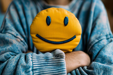 A person is holding a yellow smiley face plushie. The plushie is smiling and has blue eyes. The person is wearing a blue shirt and he is in a relaxed or content mood - obrazy, fototapety, plakaty