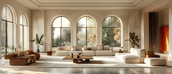 Spacious Americanstyle living room with marble wood light shades and many windows. Concept Marble Flooring, Light Wood Accents, Large Windows, American Style, Spacious Living Room - obrazy, fototapety, plakaty