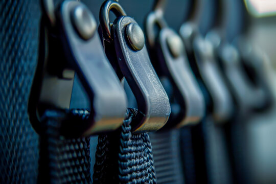 A row of zippers are hanging on a rack. The zippers are black and appear to be made of plastic