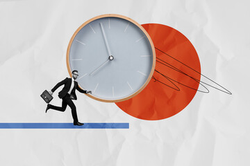 Composite image trend artwork 3D photo collage of hurry business man hold suitcase in hand late...