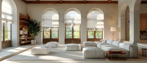 American Style Living Room with Marble, Wood, Light Shades, and Abundant Windows. Concept Furniture Arrangement, Floor Decor, Wall Art, Lighting Choices, Window Treatments