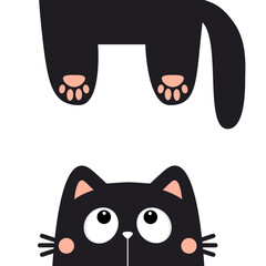 Black cat. Hanging body paw print, tail. Funny face head silhouette. Cute cartoon character. Kawaii animal. Baby card. Pet collection. Notebook cover Sticker print. Flat design White background Vector