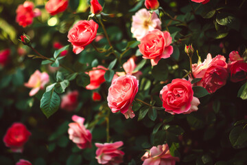 Obraz premium A bunch of red roses are in a garden. The roses are in full bloom and are surrounded by green leaves. Concept of beauty and tranquility